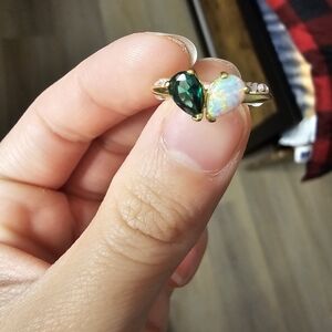 Heart-Shaped Green and Opal Ring